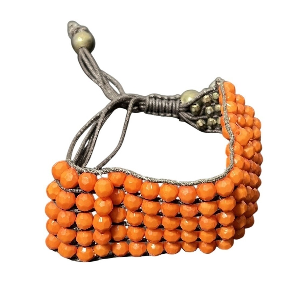 Boho Chic Orange Faceted Bead Woven Bracelet‎ Adjustable Cord Slider Closure